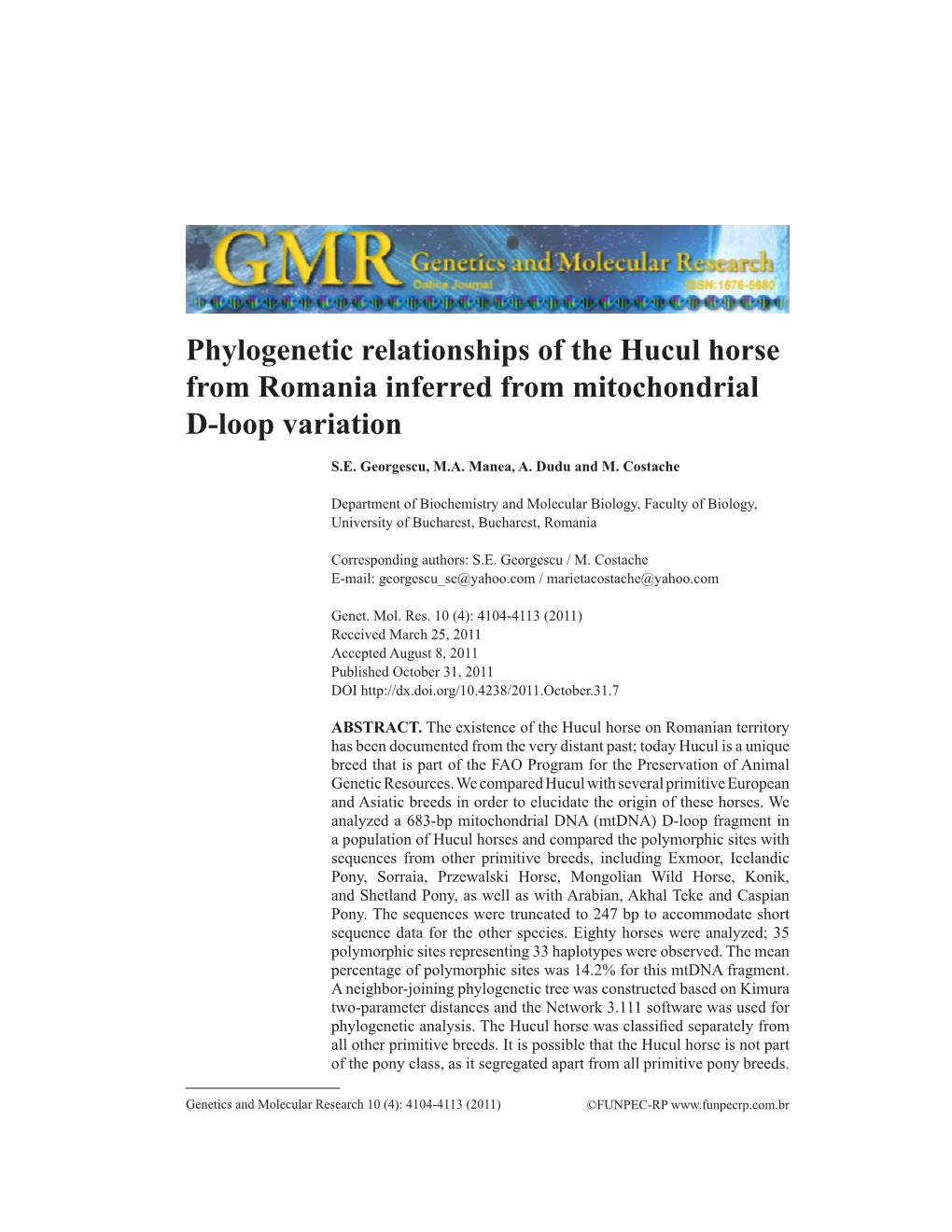 Phylogenetic Relationships of the Hucul Horse from Romania Inferred from Mitochondrial D-Loop Variation