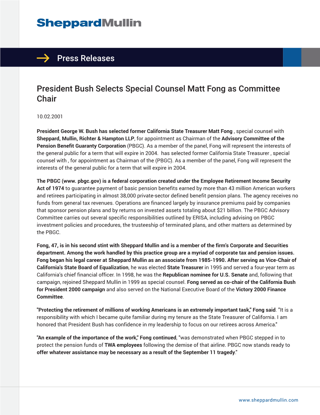 Press Releases President Bush Selects Special Counsel Matt Fong