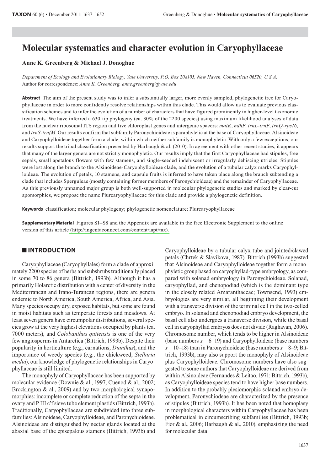 Molecular Systematics and Character Evolution in Caryophyllaceae