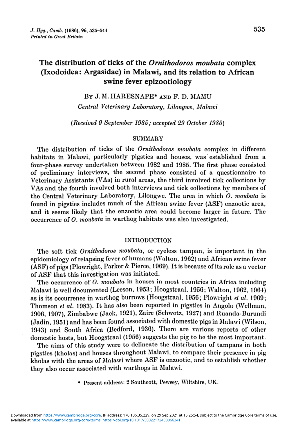 The Distribution of Ticks of the Ornithodoros Moubata Complex (Ixodoidea: Argasidae) in Malawi, and Its Relation to African Swine Fever Epizootiology by J