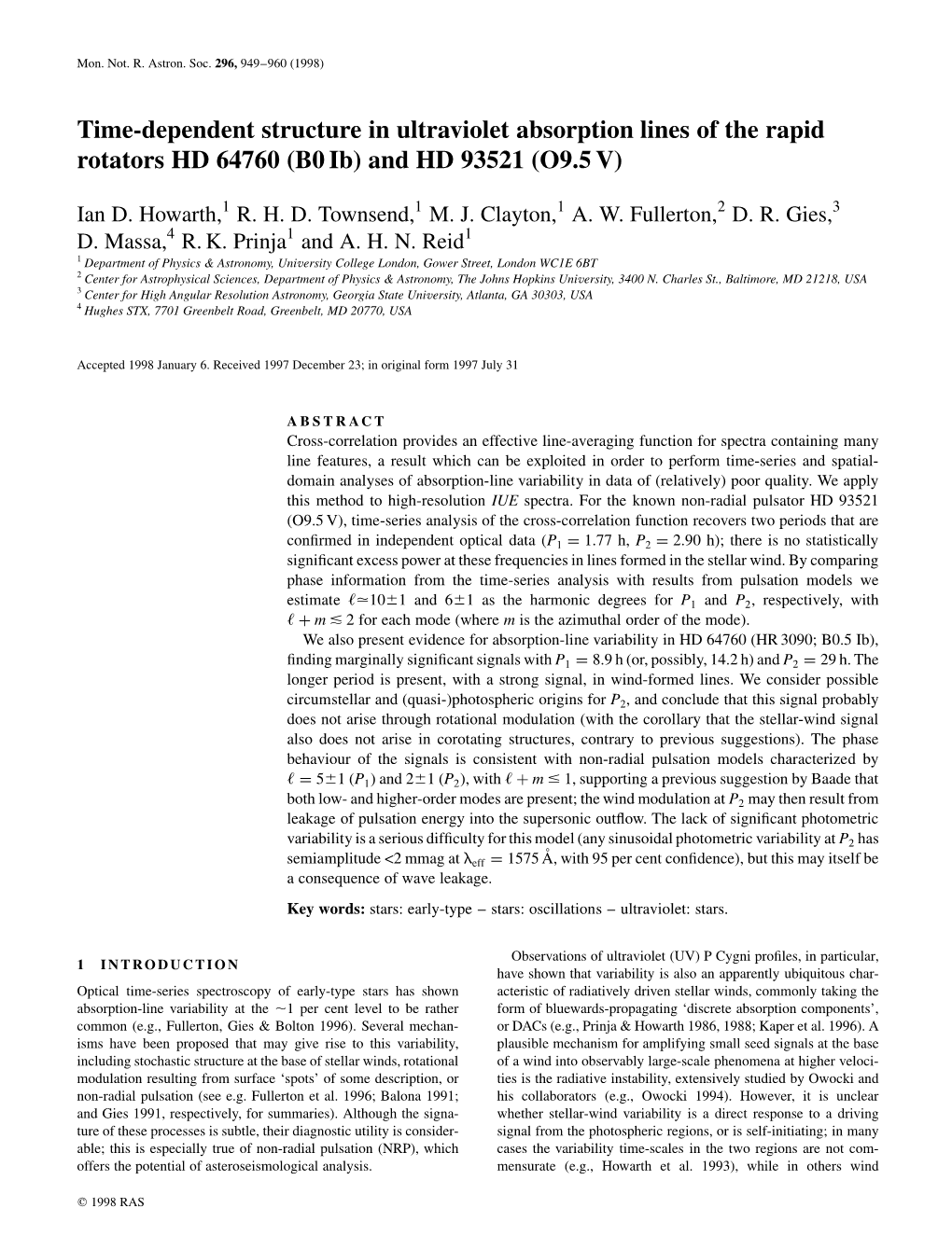 Time-Dependent Structure in Ultraviolet Absorption Lines of the Rapid Rotators HD 64760 (B0 Ib) and HD 93521 (O9.5 V)