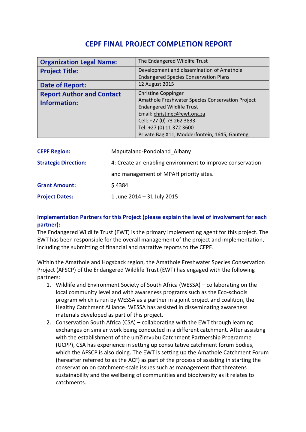 Cepf Final Project Completion Report