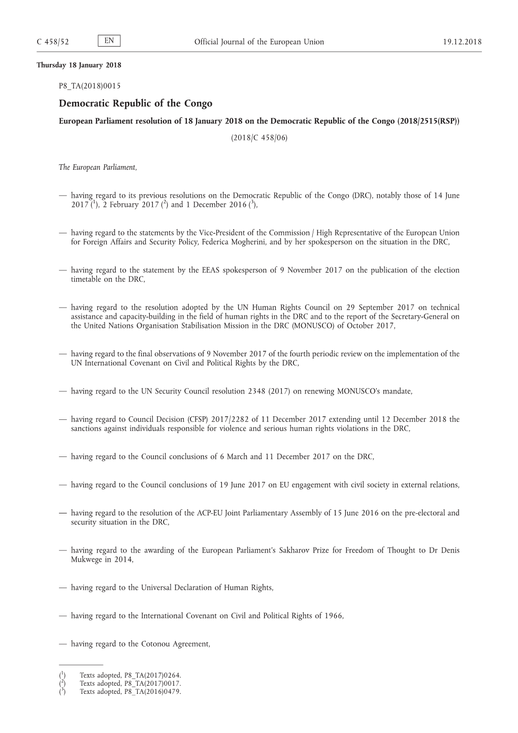 European Parliament Resolution of 18 January 2018 on the Democratic Republic of the Congo (2018/2515(RSP)) (2018/C 458/06)