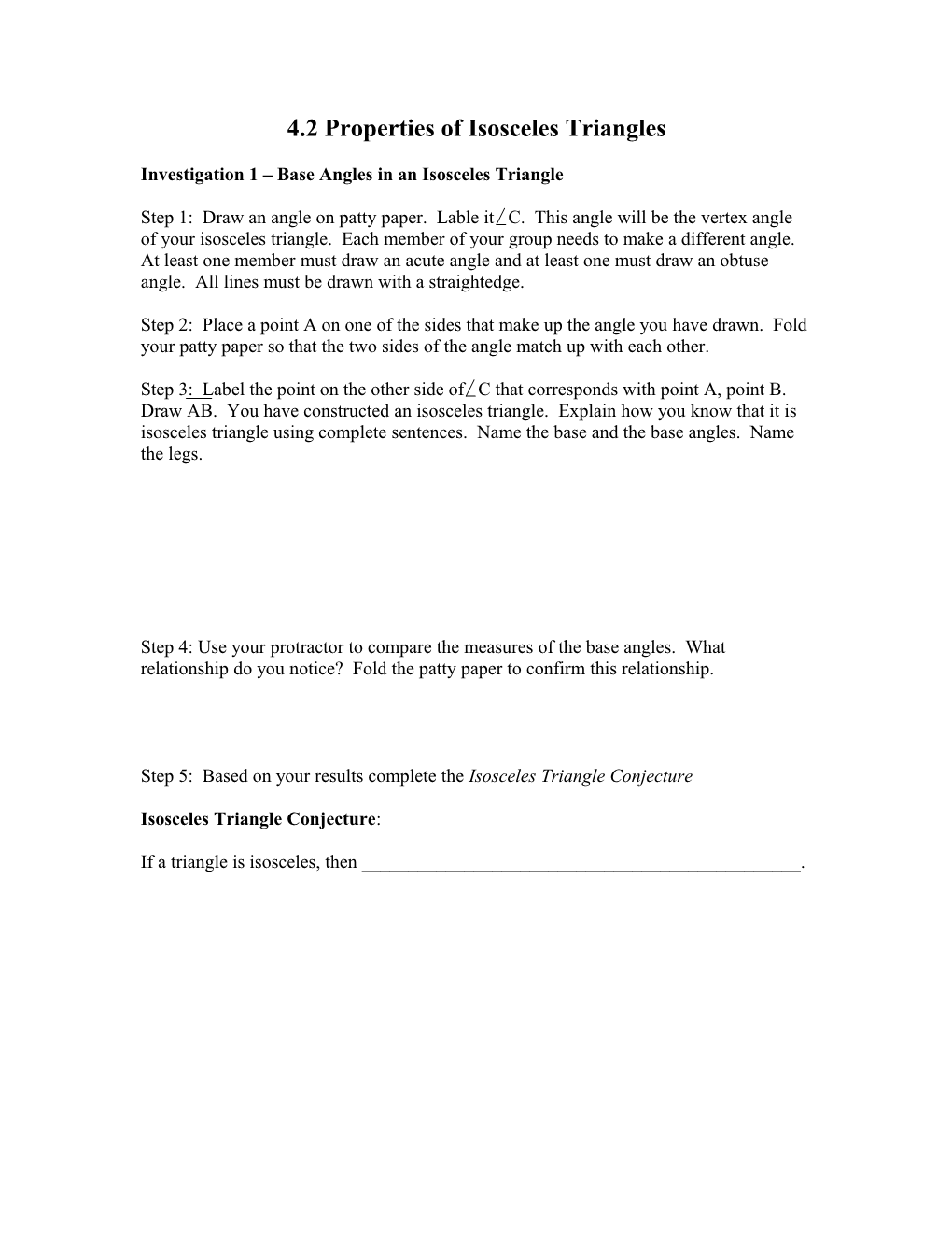 Investigation 1 Base Angles in an Isosceles Triangle