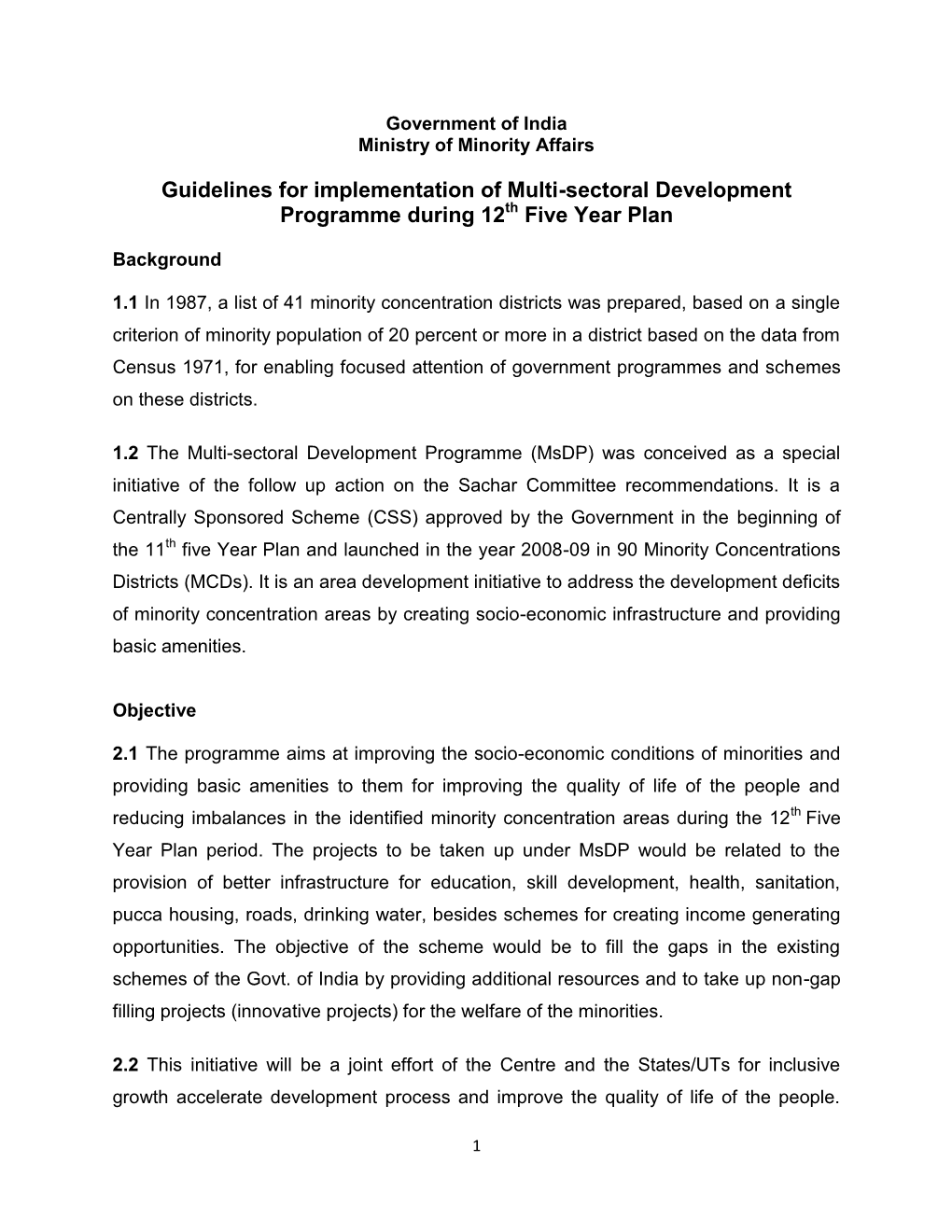 Guidelines for Implementation of Multi-Sectoral Development Programme During 12 Five Year Plan