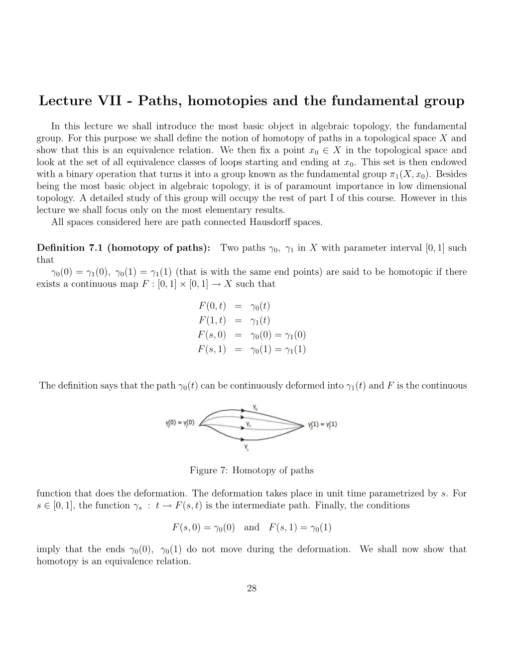 Lecture VII - Paths, Homotopies and the Fundamental Group