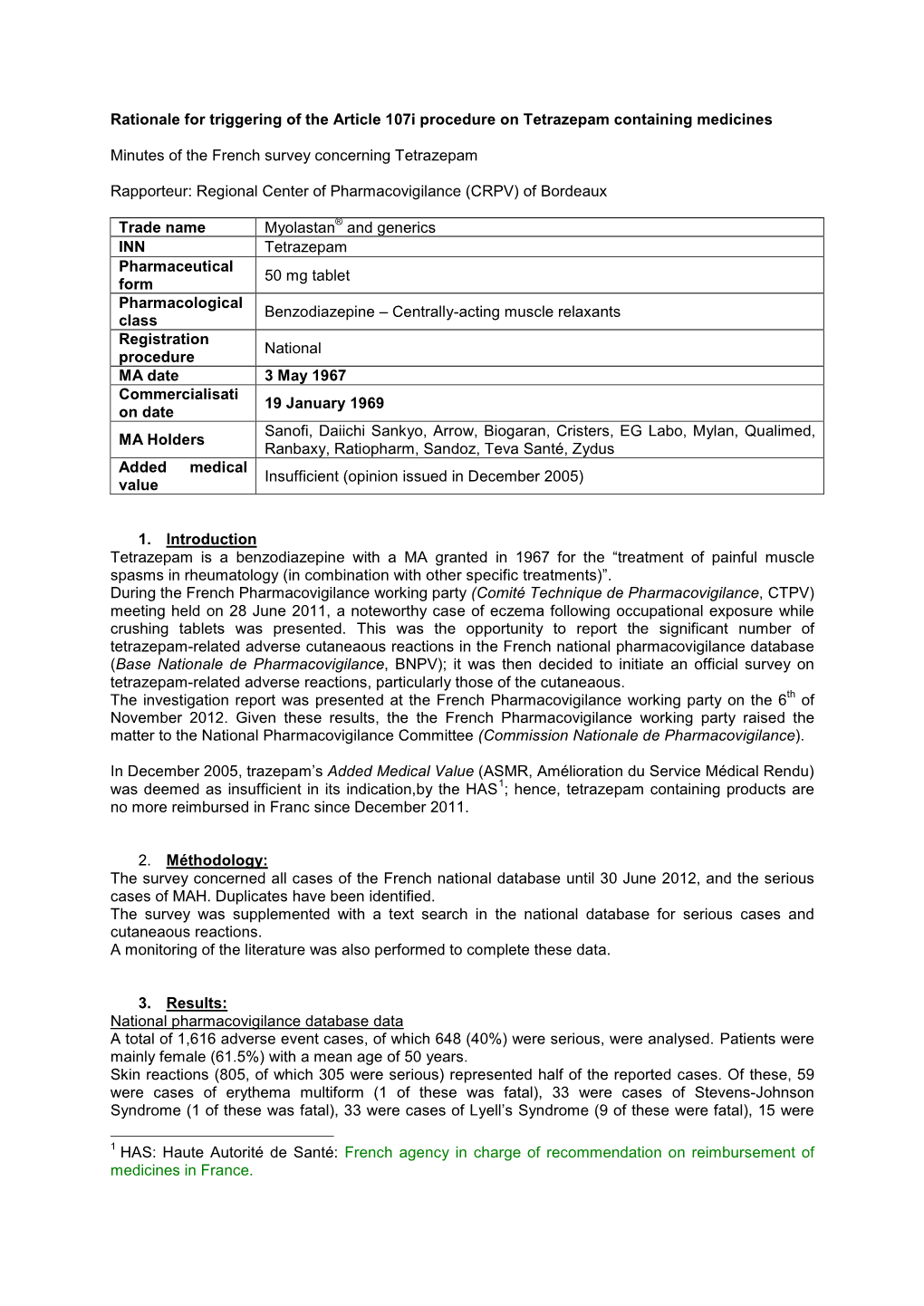 Rationale for Triggering of the Article 107I Procedure on Tetrazepam Containing Medicines