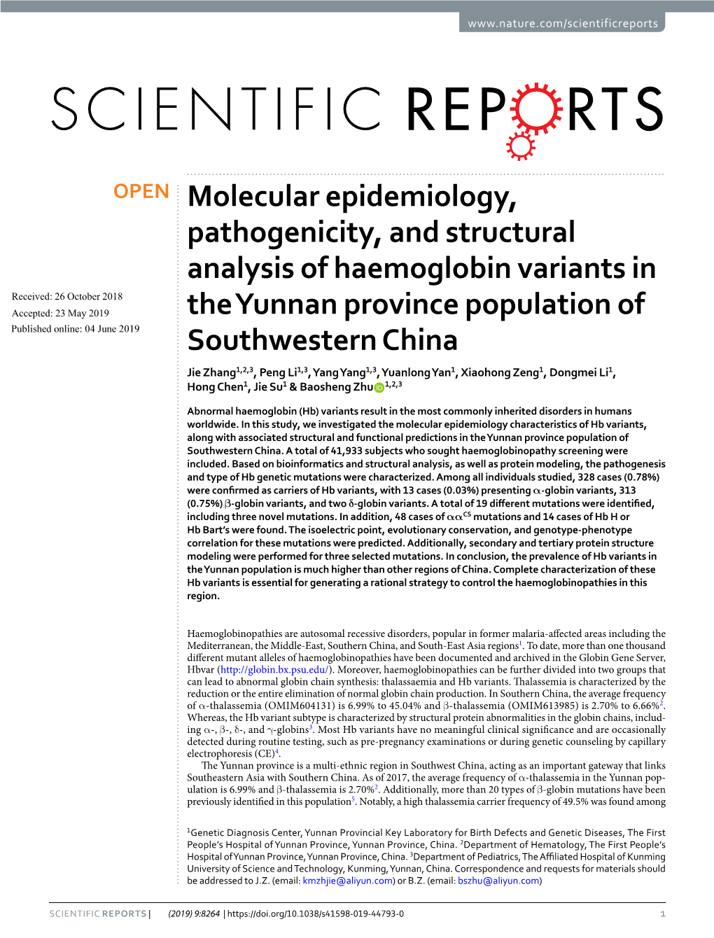 Molecular Epidemiology, Pathogenicity, and Structural Analysis of Haemoglobin Variants in the Yunnan Province Population of Sout