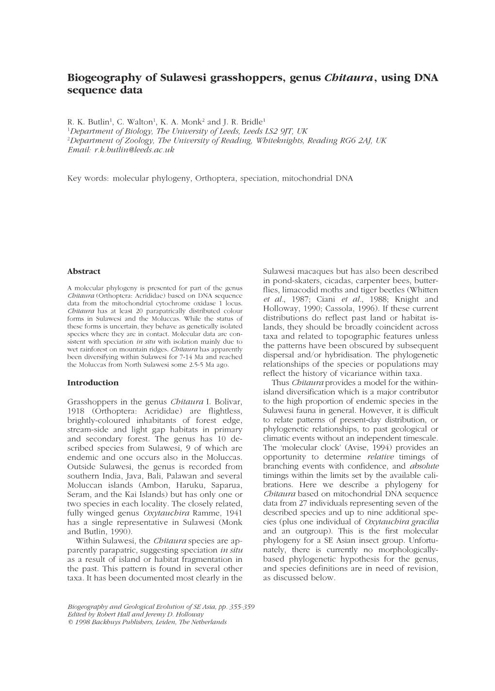 Biogeography of Sulawesi Grasshoppers, Genus Chitaura, Using DNA Sequence Data