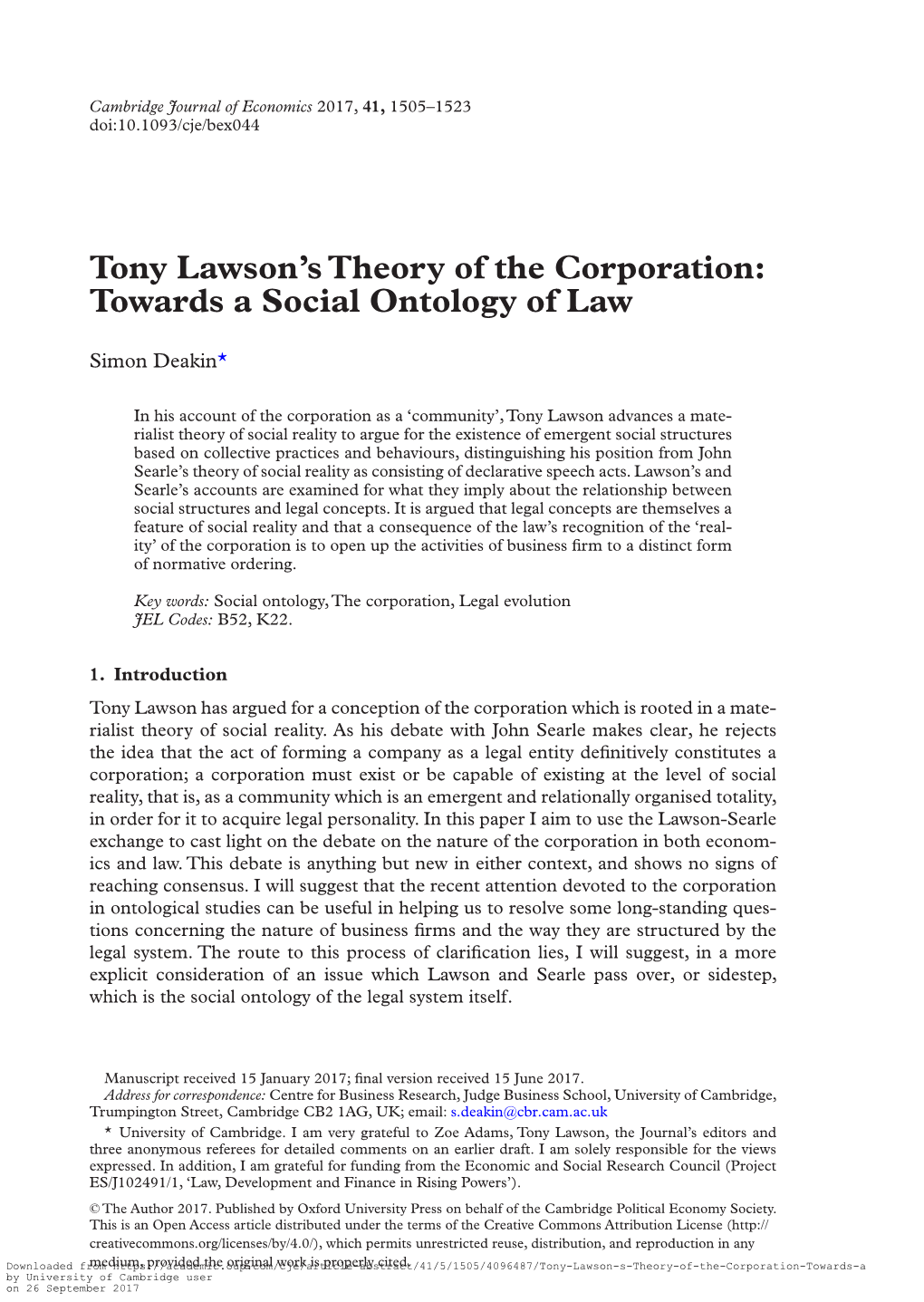 Tony Lawson's Theory of the Corporation: Towards a Social Ontology Of