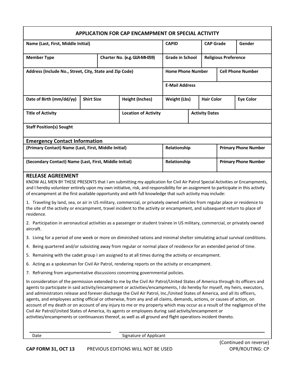 Application for Cap Encampment Or Special Activity