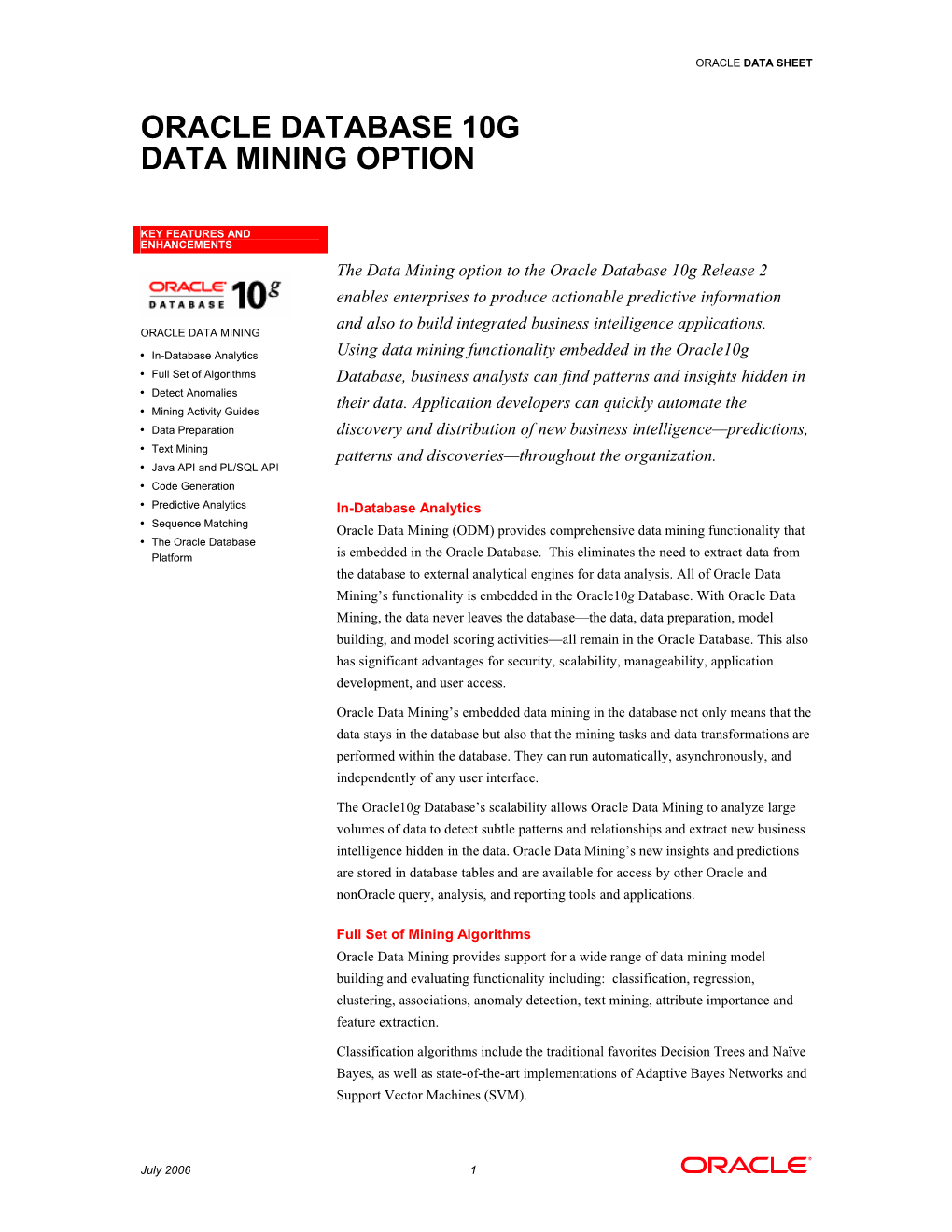 Oracle Data Sheet