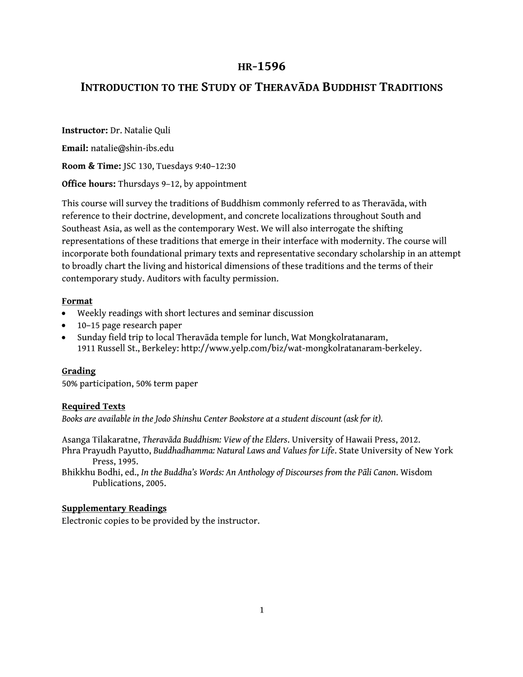 Hr-1596 Introduction to the Study of Theravāda Buddhist Traditions