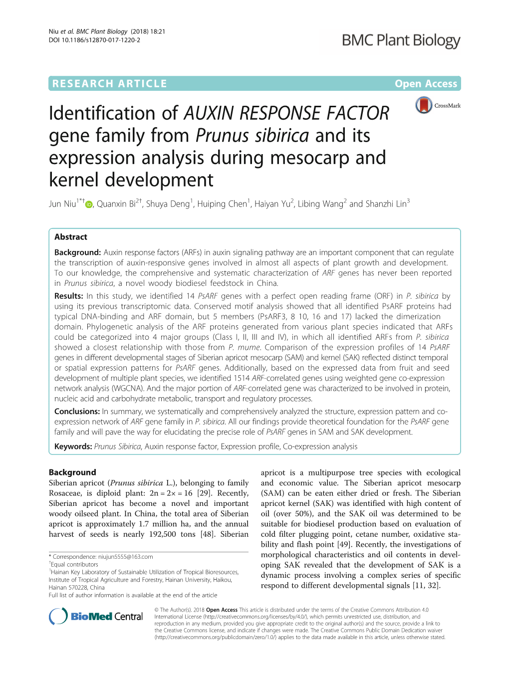 Identification of AUXIN RESPONSE FACTOR Gene Family from Prunus