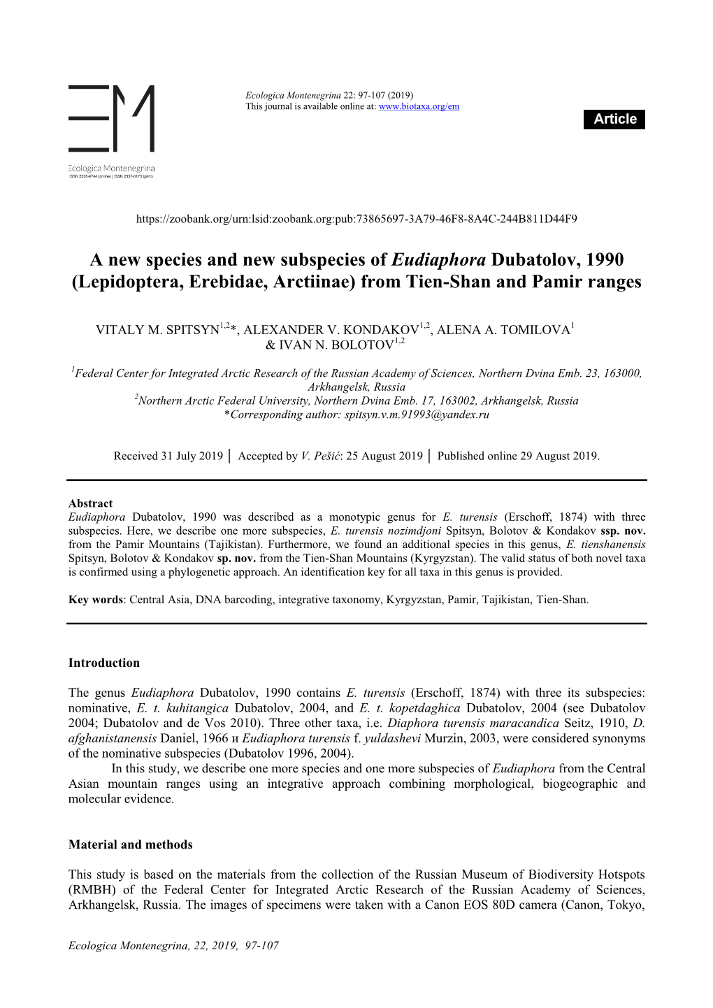 A New Species and New Subspecies of Eudiaphora Dubatolov, 1990 (Lepidoptera, Erebidae, Arctiinae) from Tien-Shan and Pamir Ranges