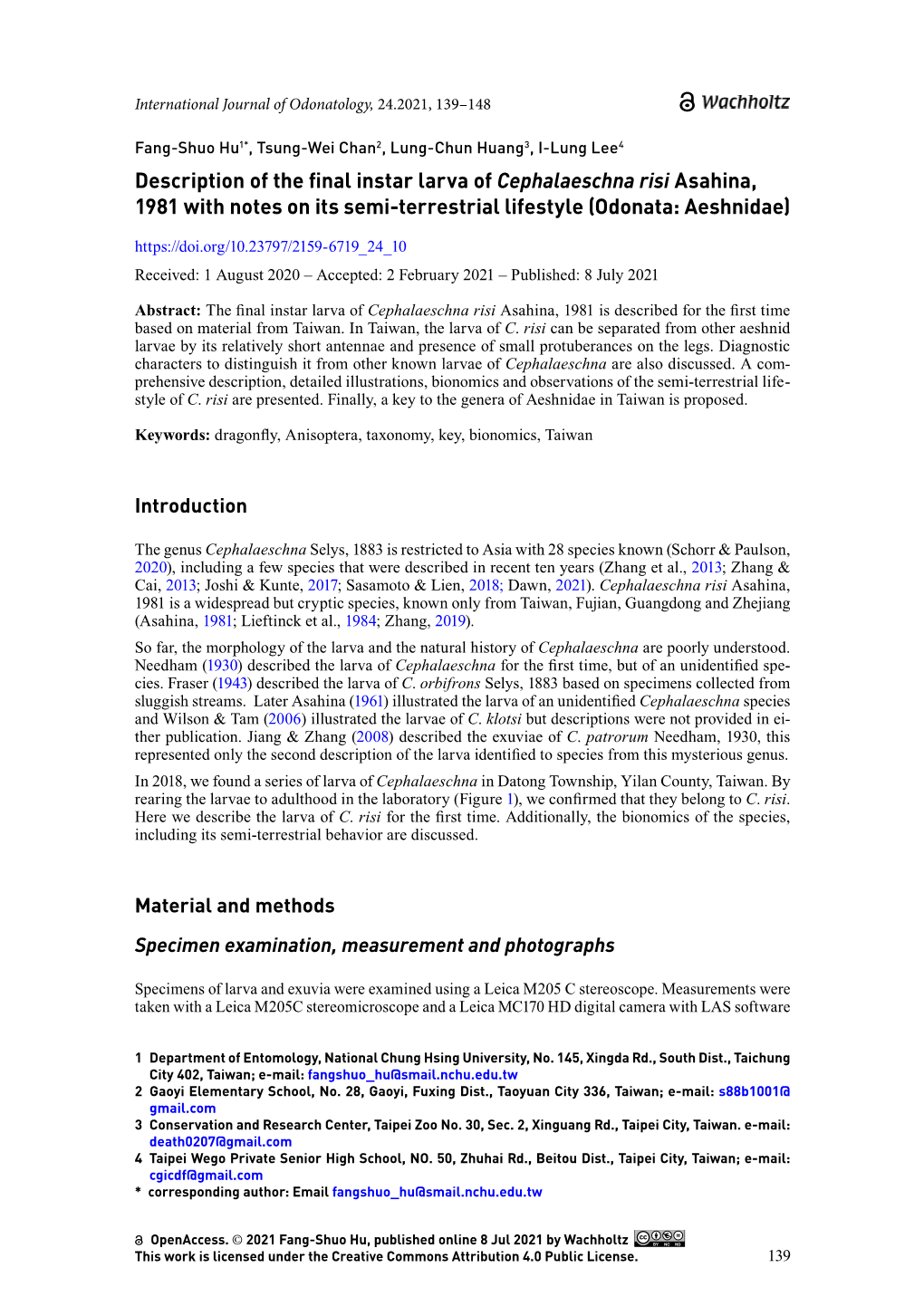 Description of the Final Instar Larva of Cephalaeschna Risi Asahina