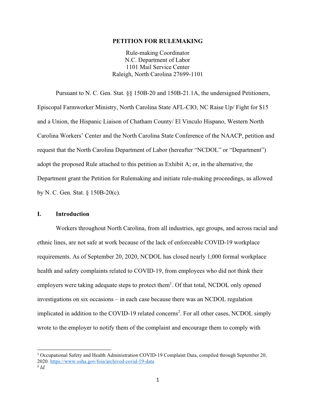 PETITION for RULEMAKING Rule-Making Coordinator N.C. Department of Labor 1101 Mail Service Center Raleigh, North Carolina 27699-1101