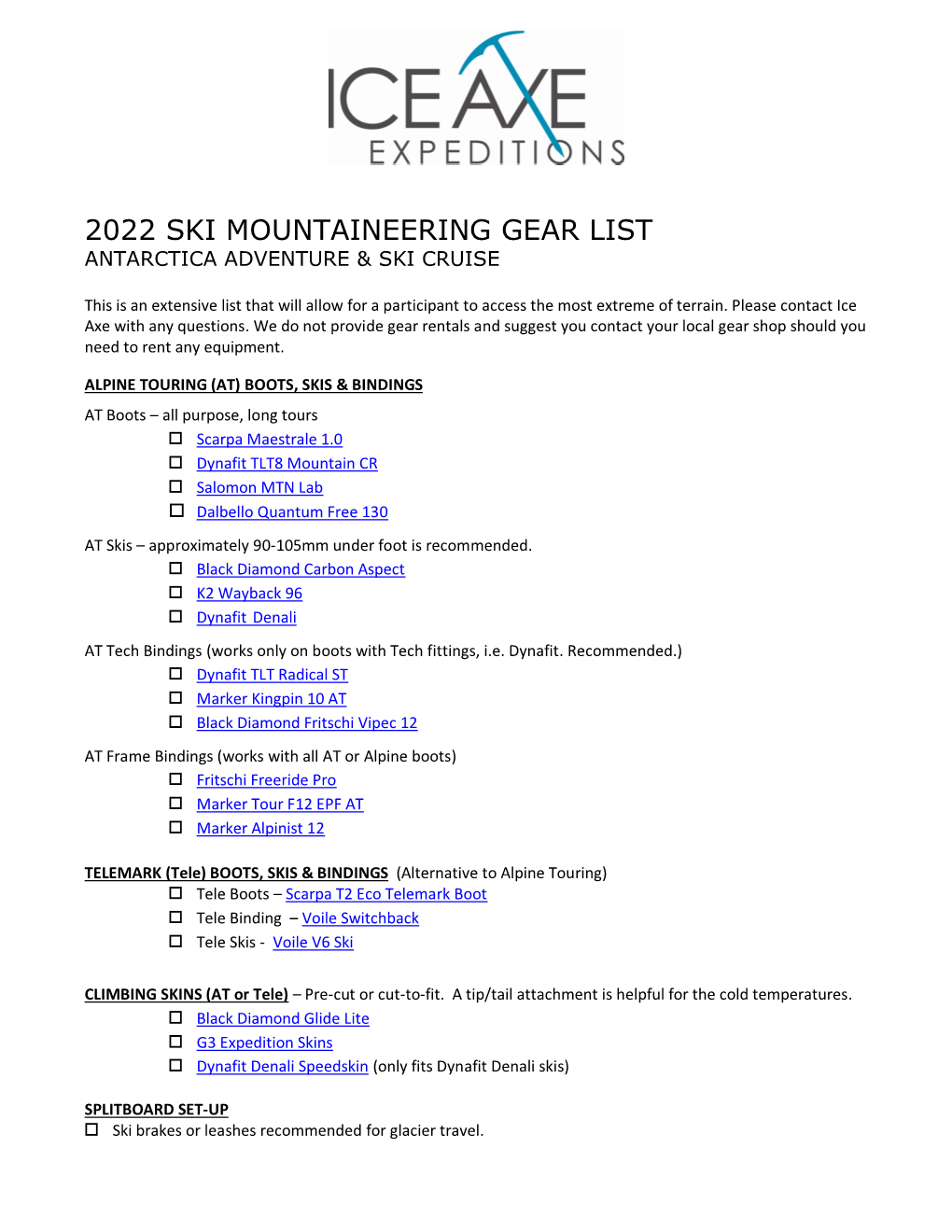 2022 Ski Mountaineering Gear List Antarctica Adventure & Ski Cruise