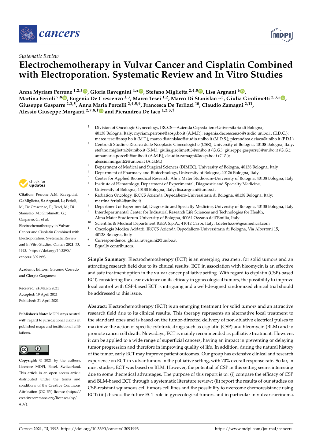 Electrochemotherapy in Vulvar Cancer and Cisplatin Combined with Electroporation