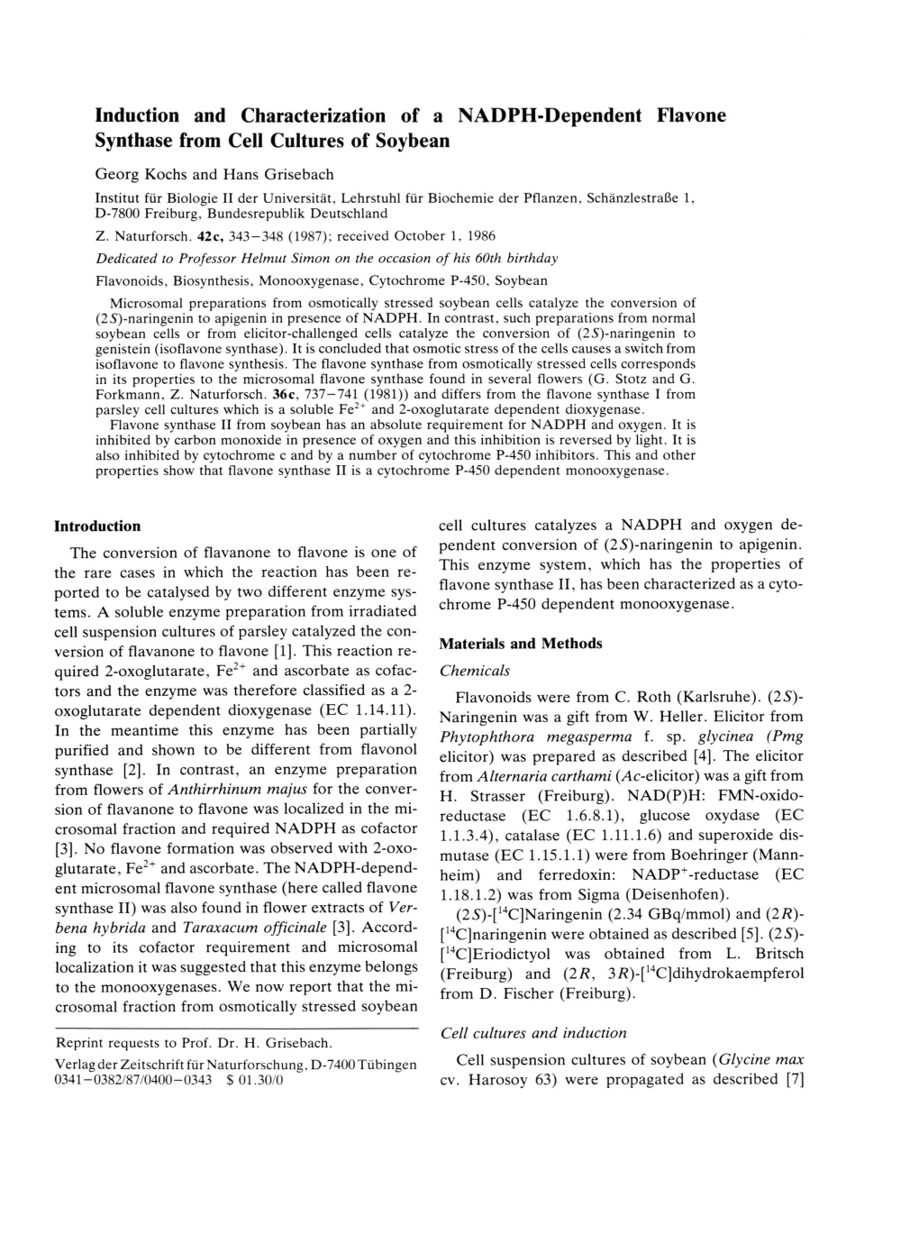 Induction and Characterization of a NADPH-Dependent Flavone Synthase from Cell Cultures of Soybean