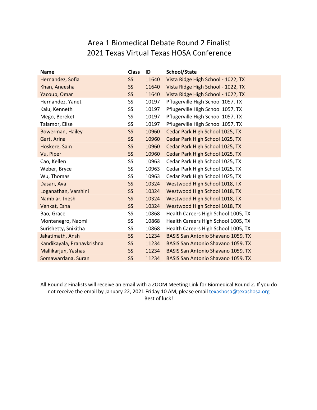 Area 1 Biomedical Debate Round 2 Finalist 2021 Texas Virtual Texas HOSA Conference