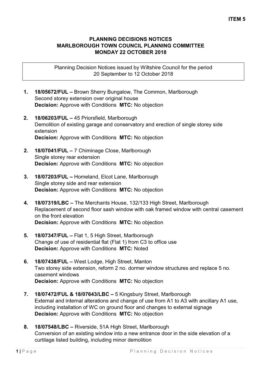 Item 5 Planning Decisions Notices Marlborough Town