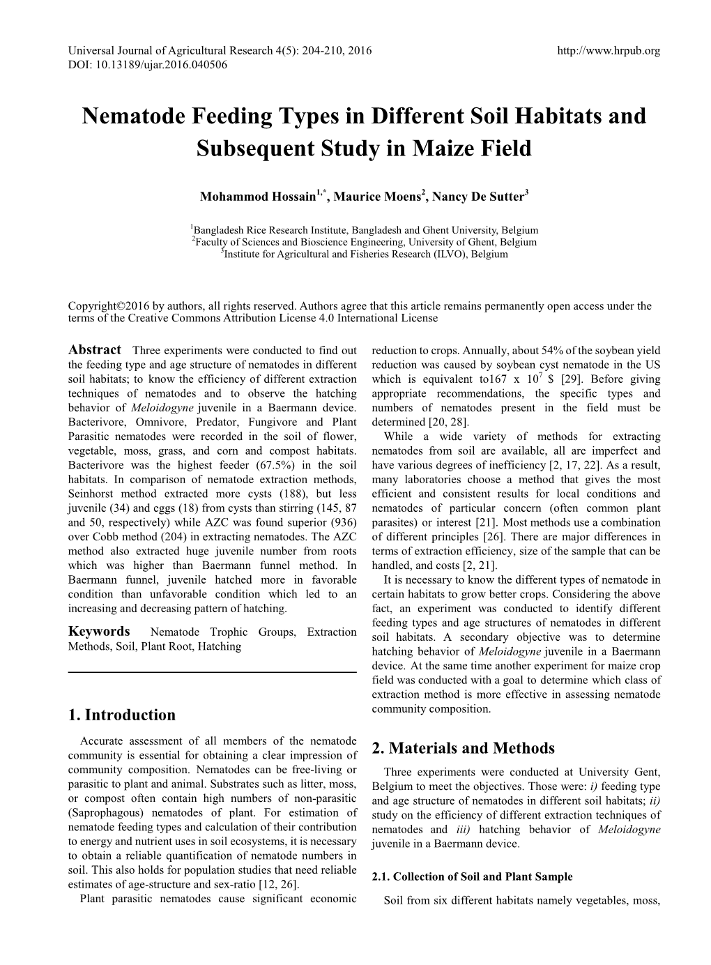 Nematode Feeding Types in Different Soil Habitats and Subsequent Study in Maize Field