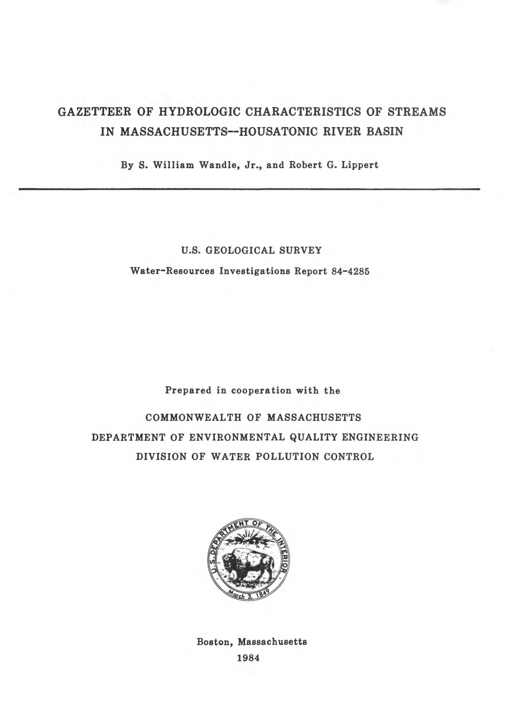 Gazetteer of Hydrologic Characteristics of Streams in Massachusetts Housatonic River Basin