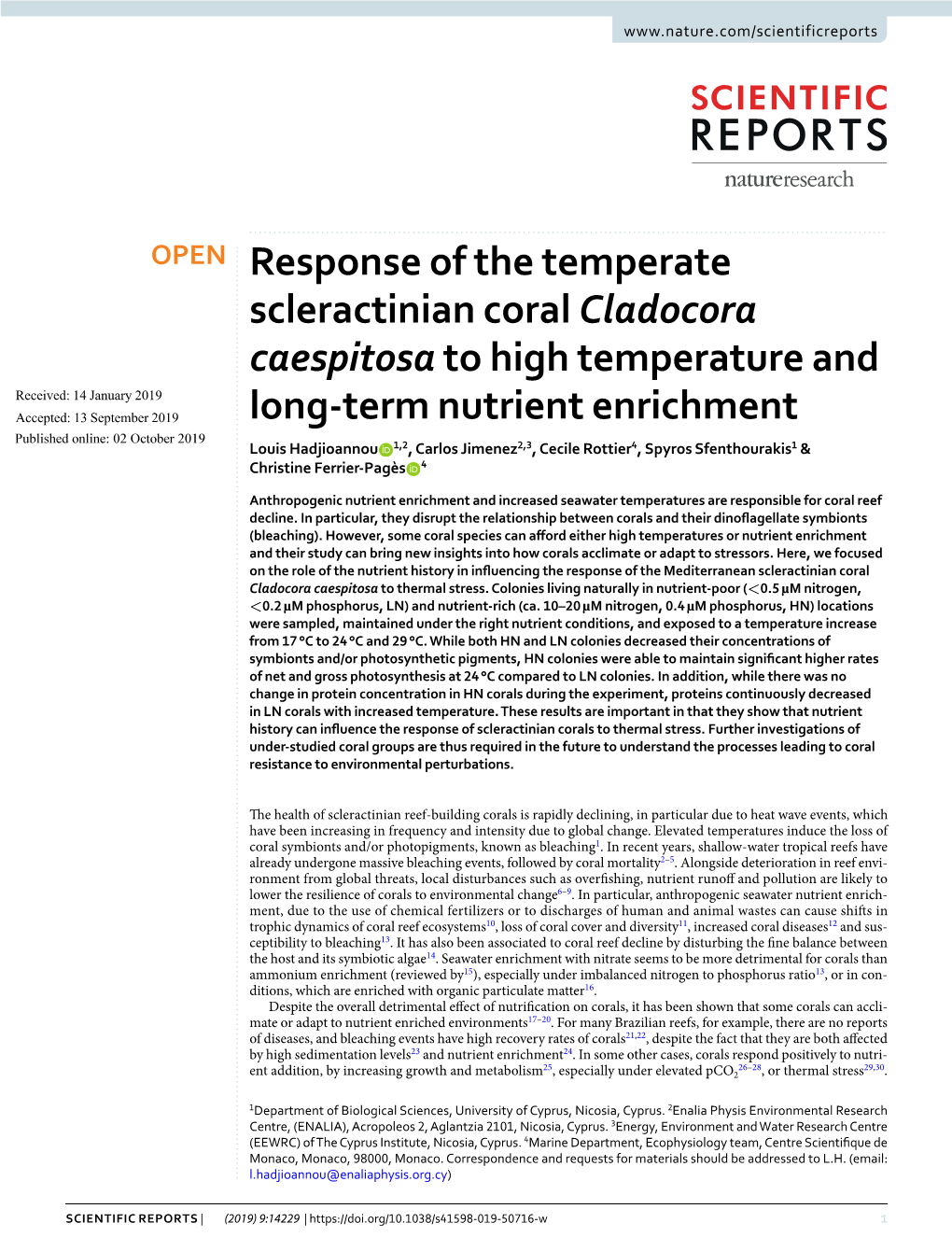 Response of the Temperate Scleractinian Coral Cladocora