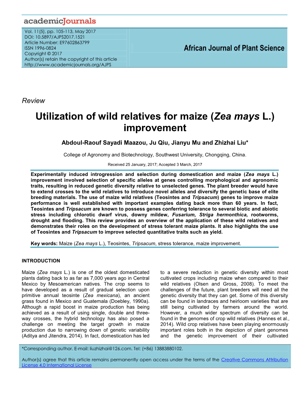 Utilization of Wild Relatives for Maize (Zea Mays L.) Improvement