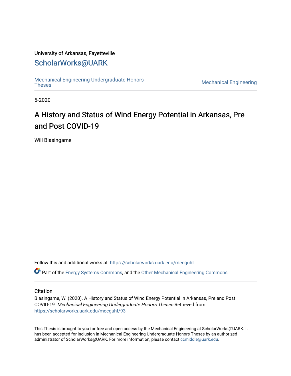 A History and Status of Wind Energy Potential in Arkansas, Pre and Post COVID-19