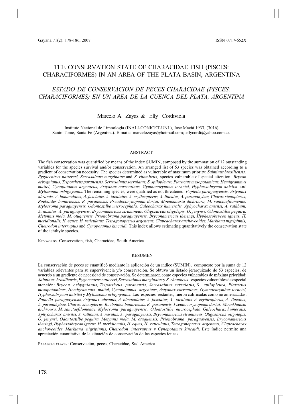 Pisces: Characiformes) in an Area of the Plata Basin, Argentina