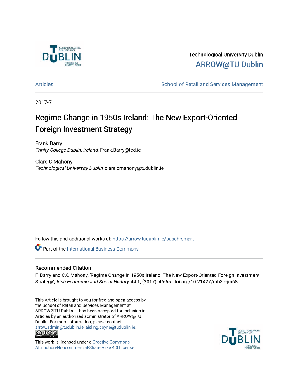 Regime Change in 1950S Ireland: the New Export-Oriented Foreign Investment Strategy