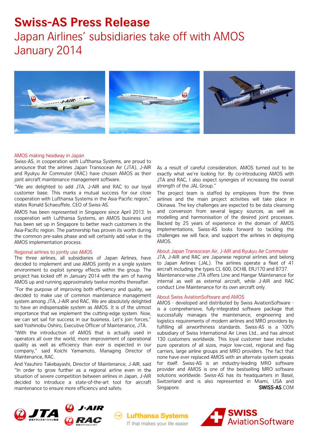 Japan Airlines' Subsidiaries Take Off with AMOS January 2014