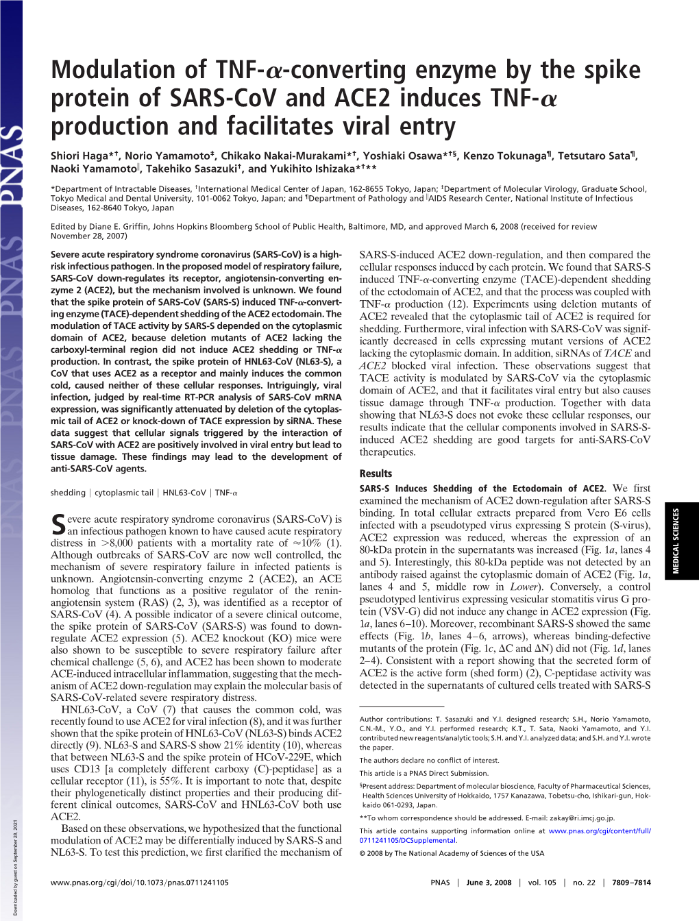 Converting Enzyme by the Spike Protein of SARS-Cov and ACE2 Induces TNF-␣ Production and Facilitates Viral Entry
