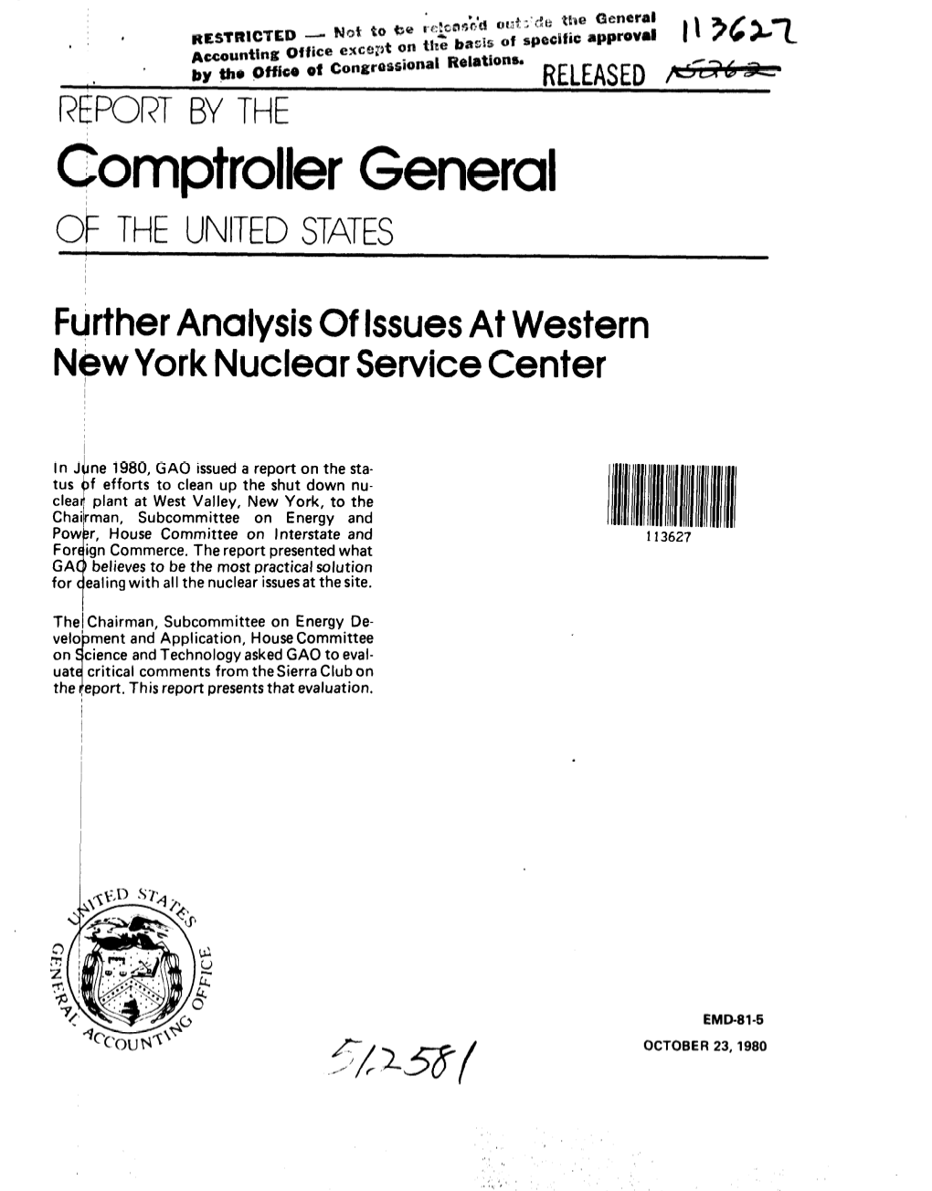 EMD-81-5 Further Analysis of Issues at Western New York Nuclear