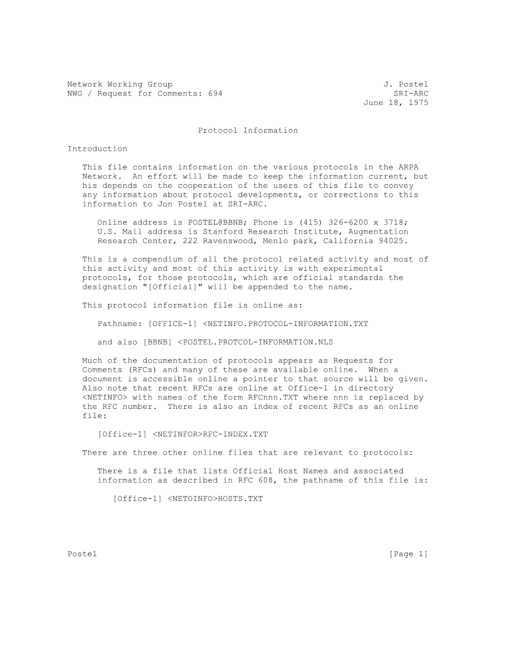 694 SRI-ARC June 18, 1975 Protocol Information Introduction