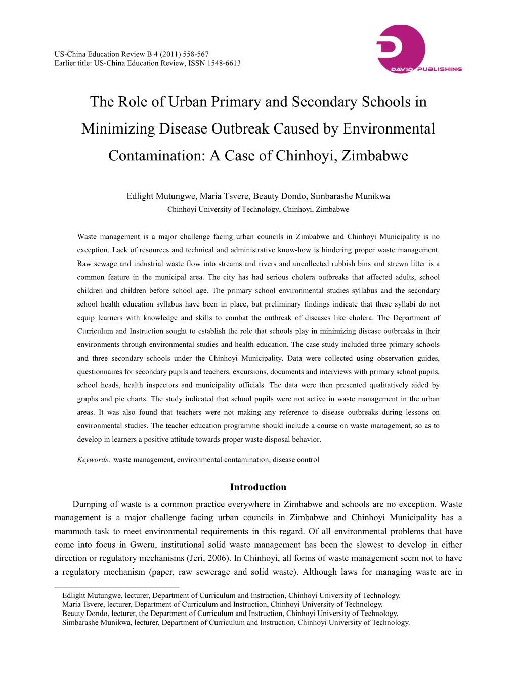 The Role of Urban Primary and Secondary Schools in Minimizing Disease Outbreak Caused by Environmental Contamination: a Case of Chinhoyi, Zimbabwe