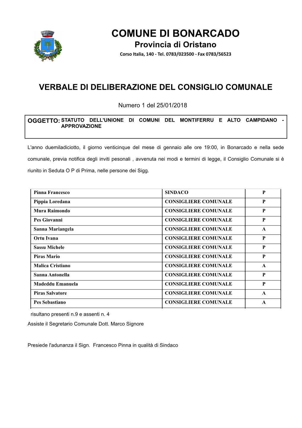 Statuto Dell'unione Di Comuni Del Montiferru E Alto Campidano - Approvazione