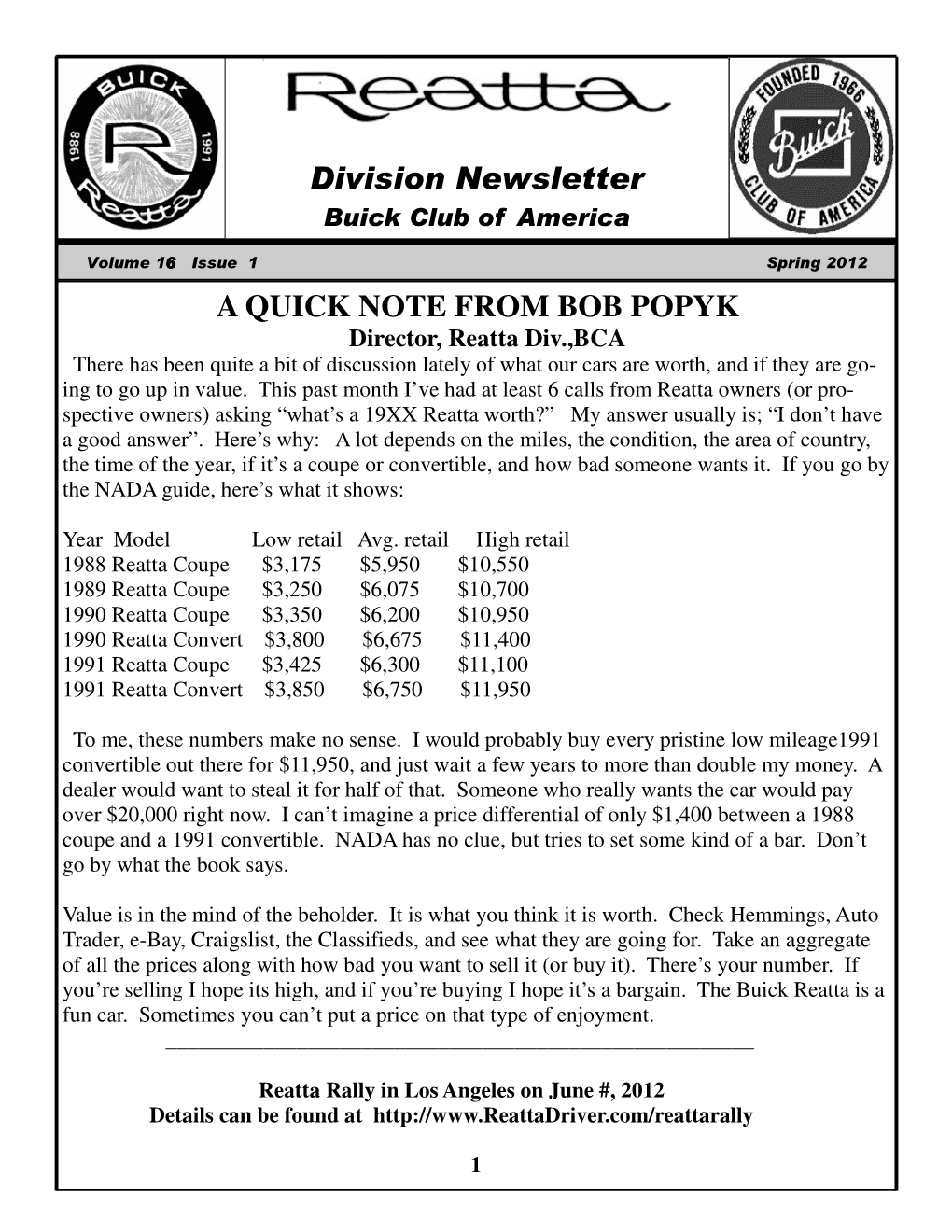 2012 Spring Newsletter Reatta Division of The