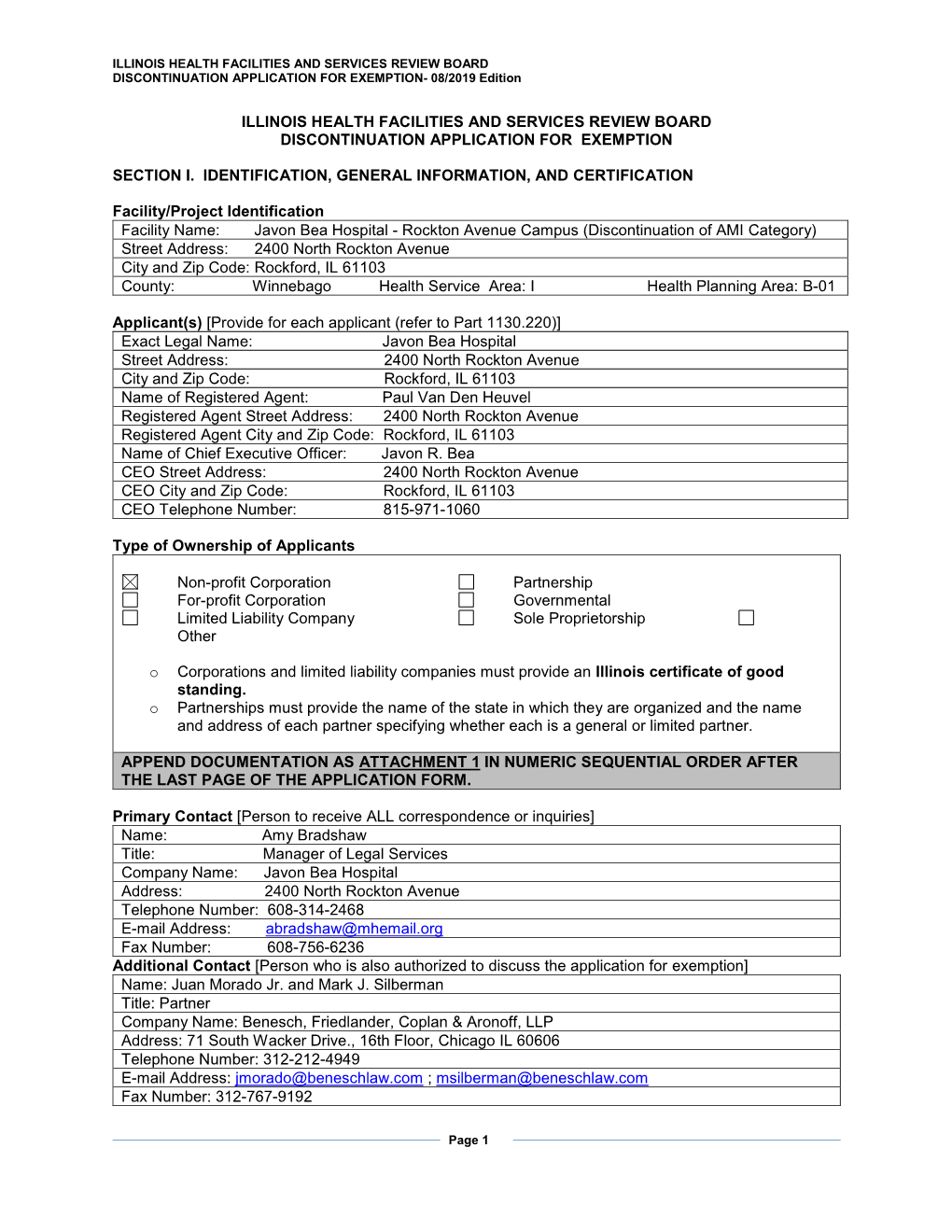 ILLINOIS HEALTH FACILITIES and SERVICES REVIEW BOARD DISCONTINUATION APPLICATION for EXEMPTION- 08/2019 Edition