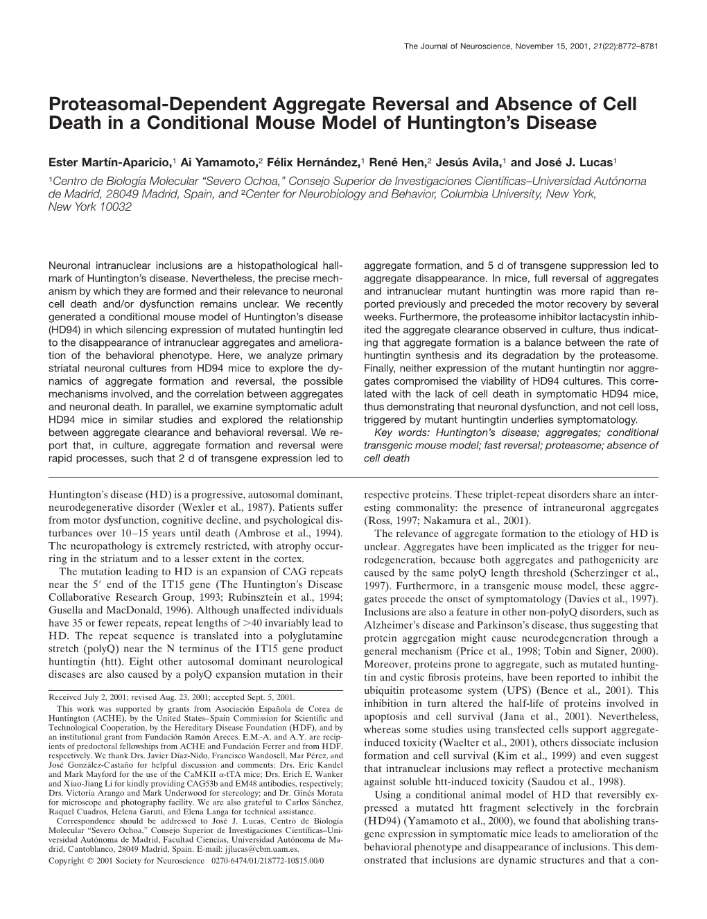 Proteasomal-Dependent Aggregate Reversal and Absence of Cell Death in a Conditional Mouse Model of Huntington’S Disease