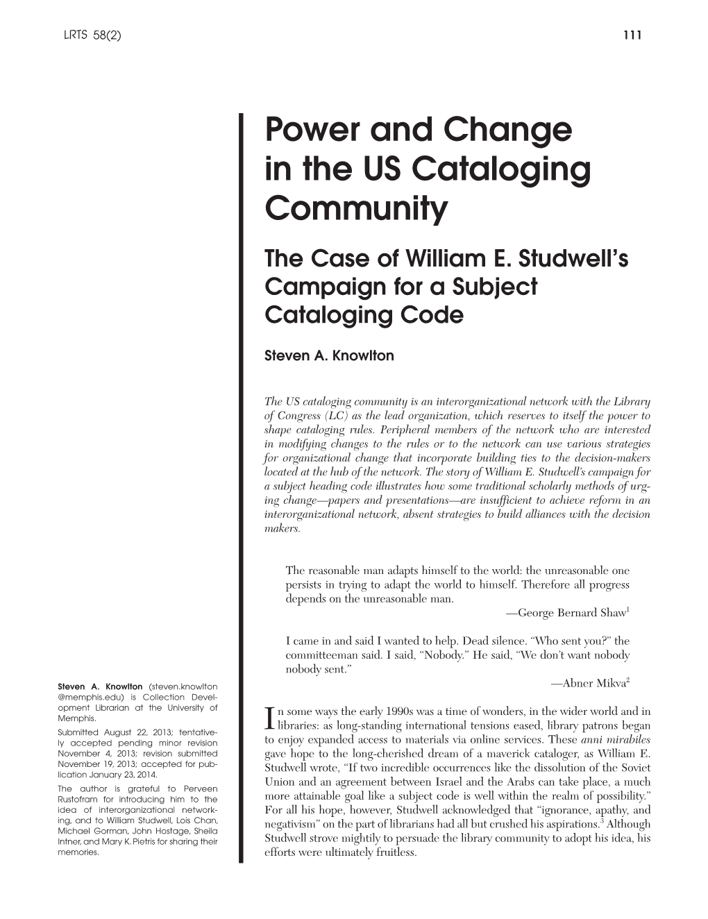Power and Change in the US Cataloging Community the Case of William E