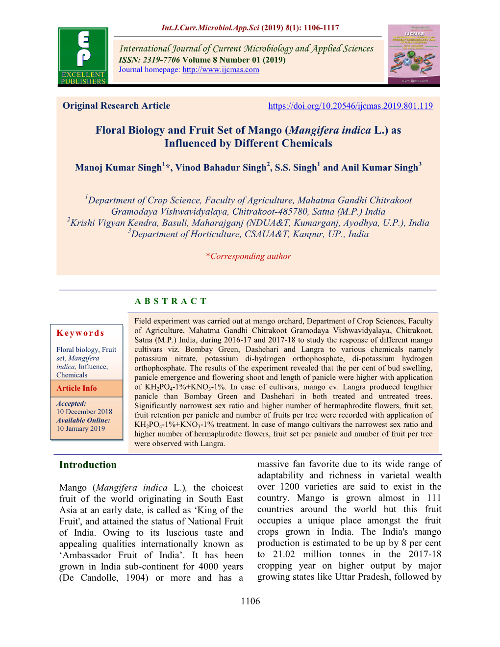 Floral Biology and Fruit Set of Mango (Mangifera Indica L.) As Influenced by Different Chemicals