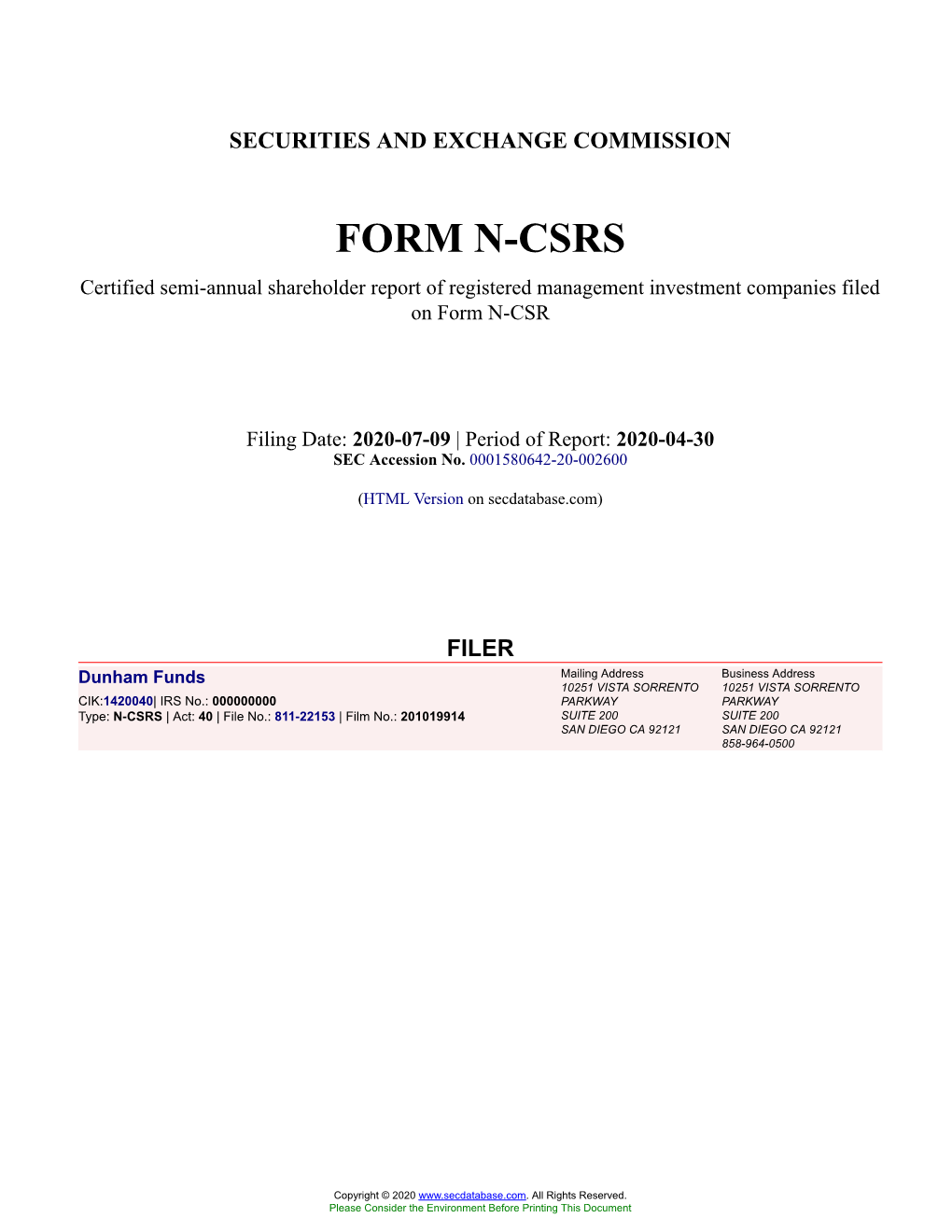Dunham Funds Form N-CSRS Filed 2020-07-09