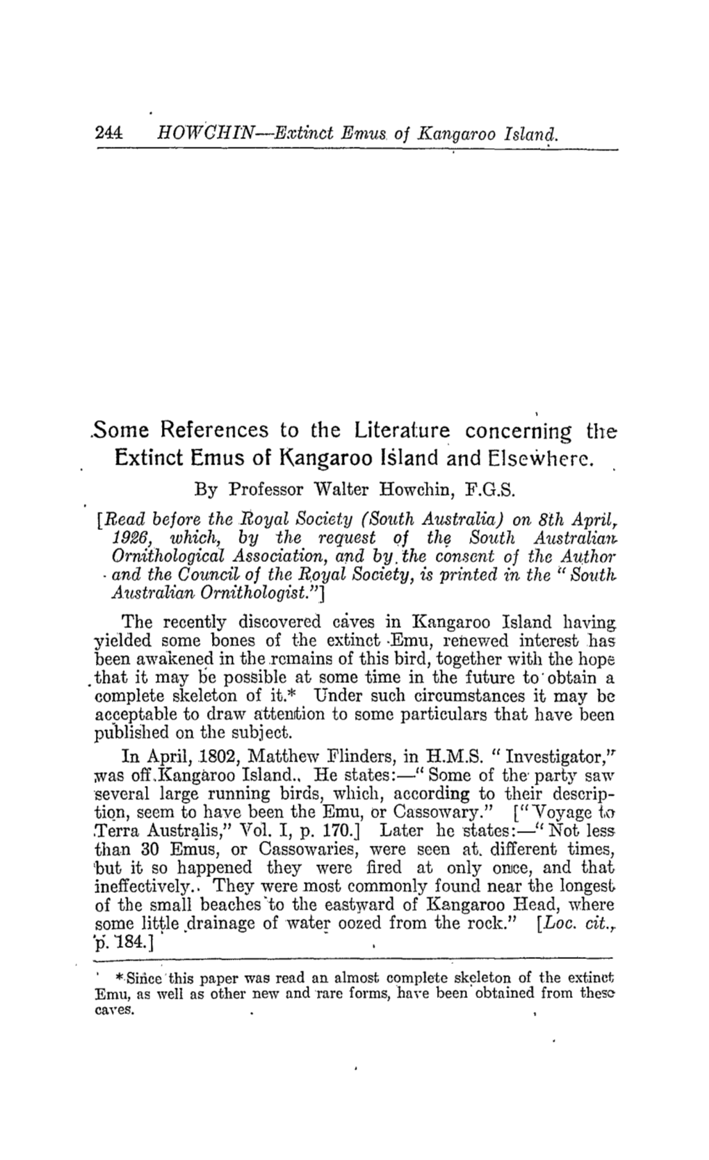 Some References to the Literature Concerning the Extinct Emus of Kangaroo Island and Elsewhere