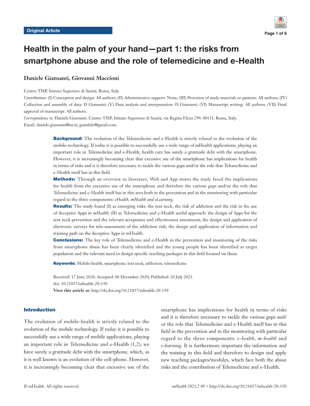 The Risks from Smartphone Abuse and the Role of Telemedicine and E-Health