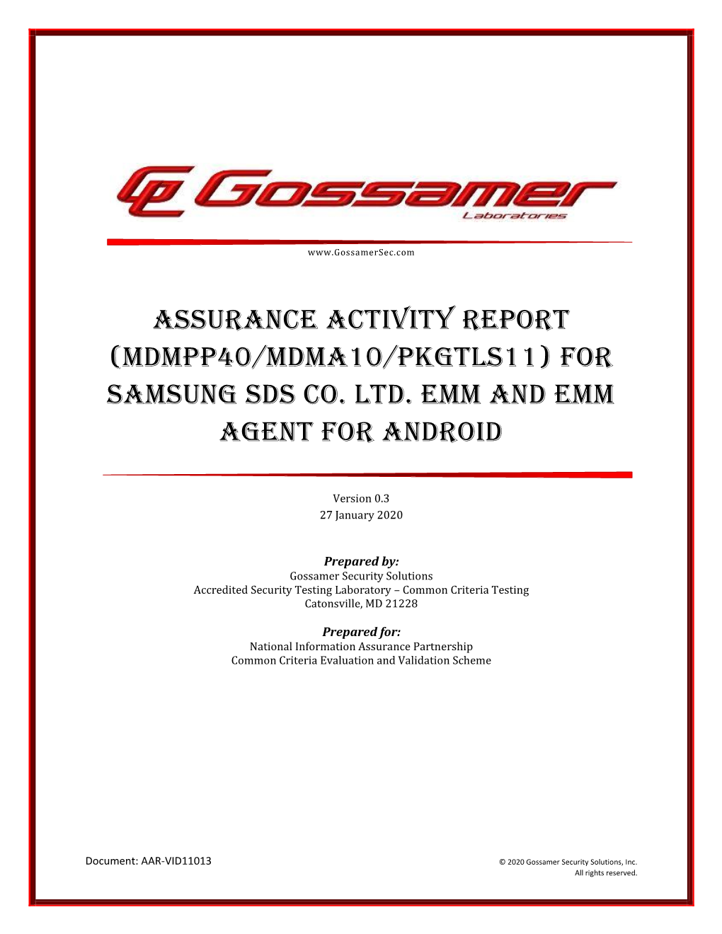 Assurance Activity Report (MDMPP40/MDMA10/PKGTLS11) for Samsung SDS Co