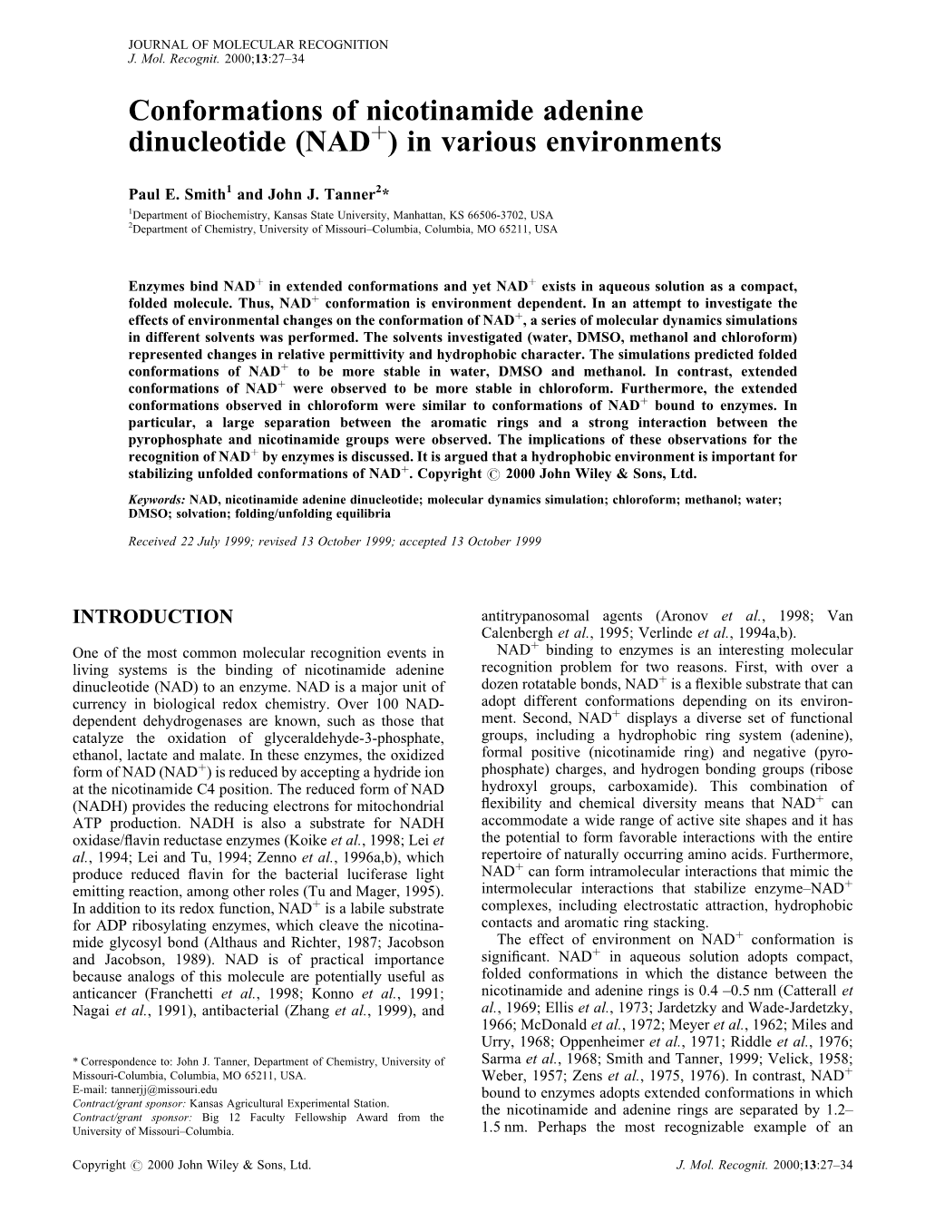 Conformations of Nicotinamide Adenine Dinucleotide (NAD) in Various Environments