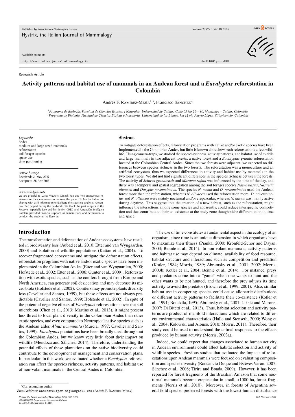 Activity Patterns and Habitat Use of Mammals in an Andean Forest and a Eucalyptus Reforestation in Colombia